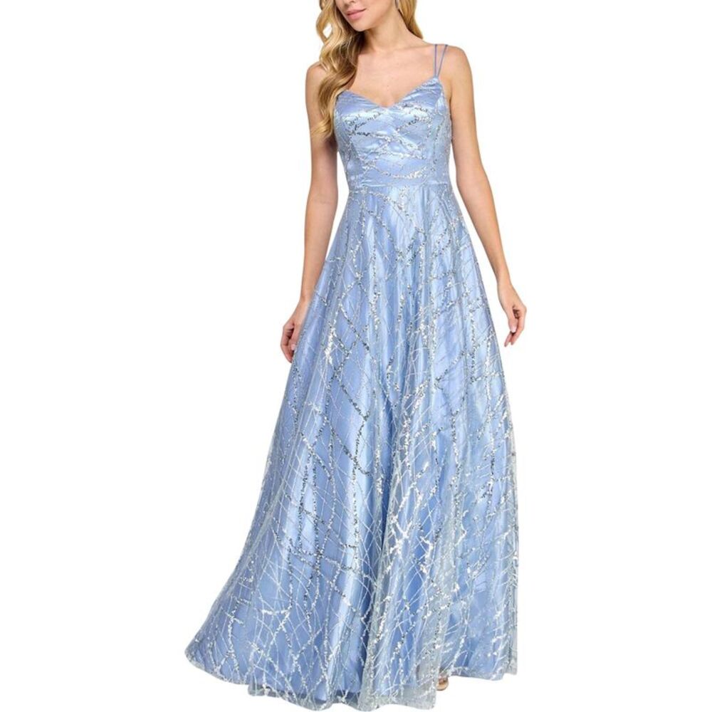 Say Yes to the Prom Womens Sequin Strappy Mesh Glitter Gown Dress, Blue, Juni...